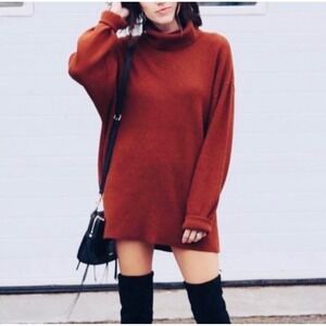 Free People Softly Structured Knit Tunic Sweater Small Brick Red Oversized